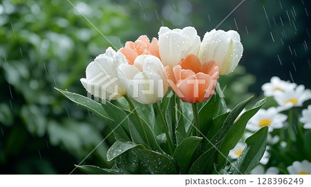 Fresh Rainy Day Tulips with Raindrops and Lush Green Background in a Beautiful Garden Setting 128396249