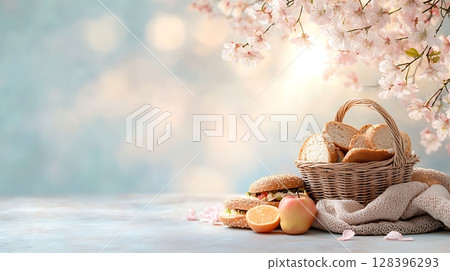 Fresh Food Scene with Burgers, Apples, Bread, and Blooming Flowers in a Soft Background 128396293