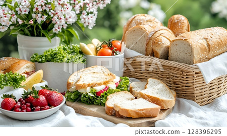 Fresh Summer Picnic Spread with Sandwiches, Breads, Fruits, Vegetables, and Flowers 128396295