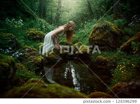 一位身穿白色洋裝的女子凝視著森林泉水的奇幻身影 一位身穿白色洋裝的女子凝視著森林泉水的奇幻身影 128396299