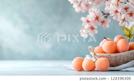 Fresh Fruits and Cherry Blossoms with Soft Blue Background for Springtime Decoration 128396300