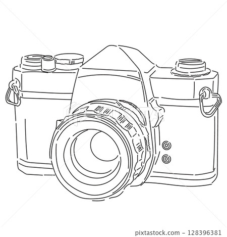 Monochrome line drawing of a film-era SLR camera Monochrome line drawing of a film-era SLR camera 128396381