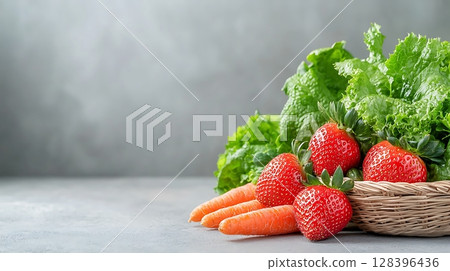 Fresh Organic Vegetables and Strawberries in Wicker Basket on Gray Background 128396436