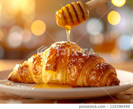 Morning Cafe 12: Croissants Dripping with Honey AI-Generated Image 128396499