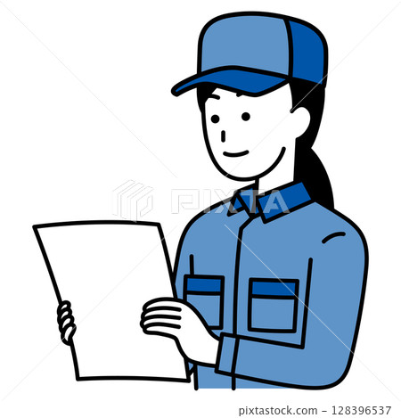 一位身穿工作服的女士正在查看文件 一位身穿工作服的女士正在查看文件 128396537
