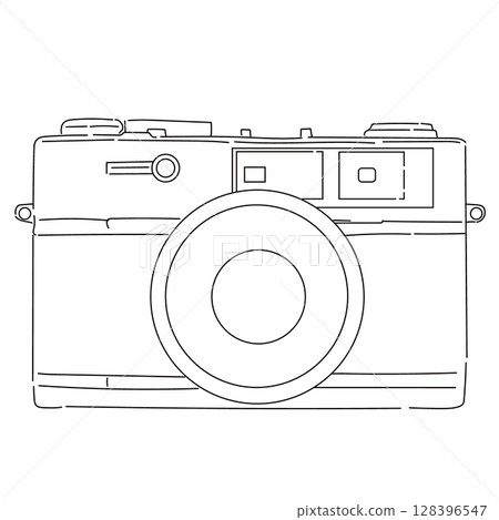 Black and white illustration of a camera with a classic design Black and white illustration of a camera with a classic design 128396547