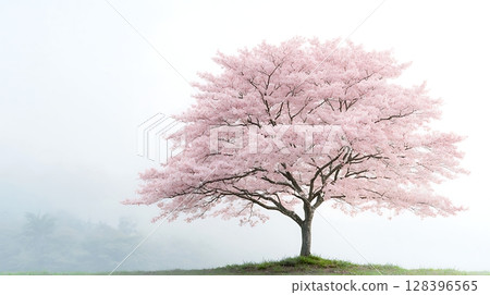 Beautiful Cherry Blossom Tree Blooming in Foggy Landscape with Soft Pink Flowers 128396565