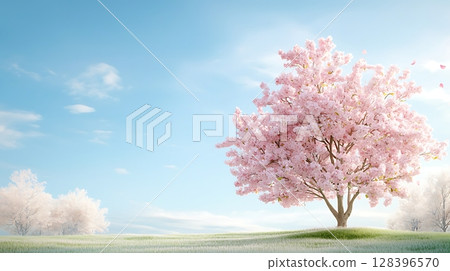 Serene Blossom Tree Under Clear Sky with Soft Light in Spring Landscape Background 128396570