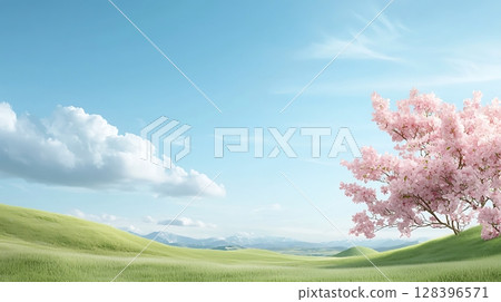 Tranquil Nature Scene with Pink Blossom Tree and Rolling Green Hills Under Cloudy Sky 128396571