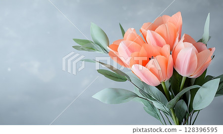 Beautiful Bouquet of Soft Pink Tulips with Green Leaves on a Light Gray Background 128396595