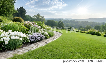 Serene Landscape with Vibrant Flowers and Sunlight at Dawn in a Peaceful Garden 128396606