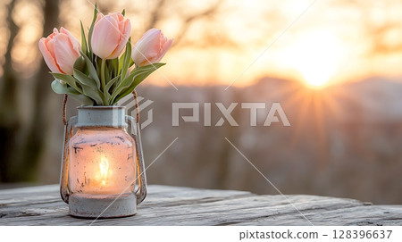 Elegant Pink Tulips in Vintage Lantern with Soft Sunset Background for Warm Aesthetic Vibe 128396637