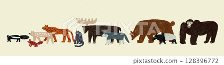 Hand-drawn illustration: Animal procession Hand-drawn illustration: Animal procession 128396772