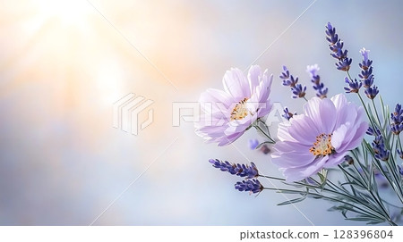 Delicate Lavender and Purple Flower Bouquet with Soft Light Background in Nature Scene 128396804