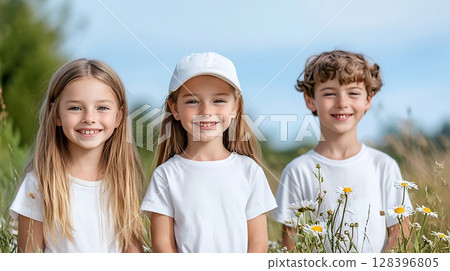 Smiling Children in Summer Field Surrounded by Flowers and Green Grass in Bright Sunshine 128396805