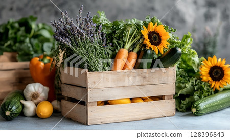 Fresh Organic Vegetables and Herbs in Wooden Crate with Sunflowers and Colorful Produce 128396843