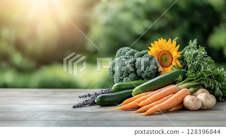 Fresh Vegetables on Wooden Table with Sunflower and Blurred Green Background 128396844