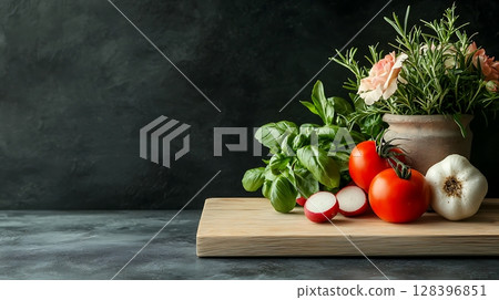 Fresh Vegetables and Flowers on Wooden Table with Dark Background for Culinary Uses Fresh Vegetables and Flowers on Wooden Table with Dark Background for Culinary Uses 128396851