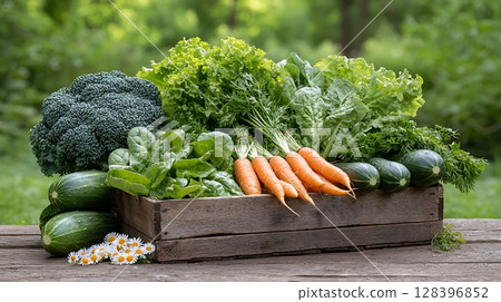 Fresh Vegetables in Wooden Crate Displayed Outdoors Surrounded by Greenery and Flowers Fresh Vegetables in Wooden Crate Displayed Outdoors Surrounded by Greenery and Flowers 128396852