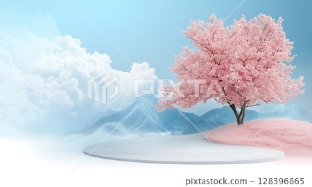 Serene Pink Cherry Blossom Tree Against Blue Sky and Mountain Landscape in Spring Season 128396865