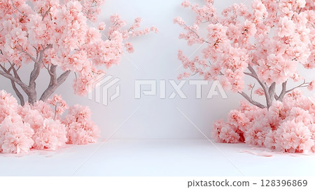 Serene Pink Cherry Blossom Trees Against White Background for Tranquil Spring Scenes 128396869
