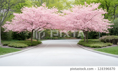 Serene Pathway Beneath Beautiful Cherry Blossom Trees in Springtime Garden Landscape 128396870