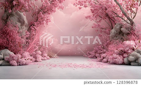 Serene Pink Blossom Landscape with Clouds and Soft Textures for Tranquil Backgrounds 128396878