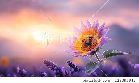Vibrant sunflower blooming amidst lavender fields at sunset with warm golden light glow Vibrant sunflower blooming amidst lavender fields at sunset with warm golden light glow 128396912
