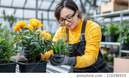 Woman Caring for Indoor Plants with Yellow Flowers in Bright Greenhouse Setting Woman Caring for Indoor Plants with Yellow Flowers in Bright Greenhouse Setting 128396919