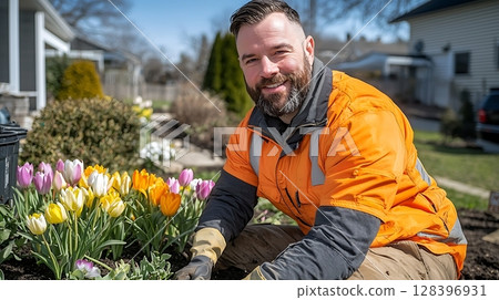 Gardener Smiling While Planting Colorful Tulips in Springtime Garden Exterior Landscape Gardener Smiling While Planting Colorful Tulips in Springtime Garden Exterior Landscape 128396931
