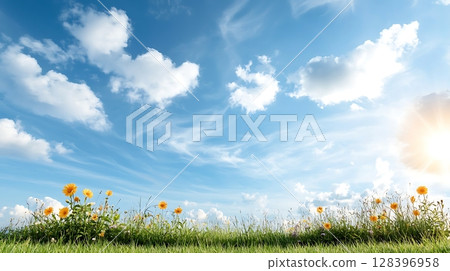 Bright Summer Day with Blue Sky Fluffy Clouds and Yellow Flowers in Green Grass Landscape 128396958