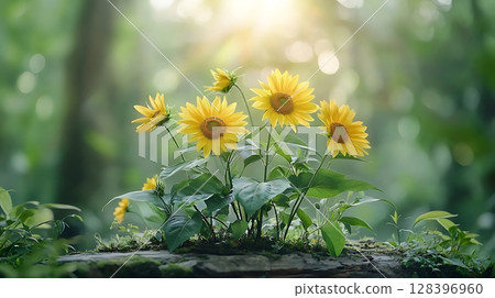 Bright Sunflowers Blooming Naturally in Lush Green Forest Background with Soft Sunlight Bright Sunflowers Blooming Naturally in Lush Green Forest Background with Soft Sunlight 128396960