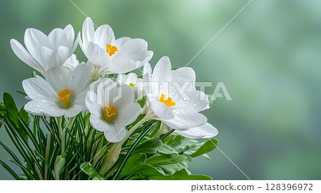 Fresh White Crocus Flowers with Dew Drops Against Soft Green Background 128396972