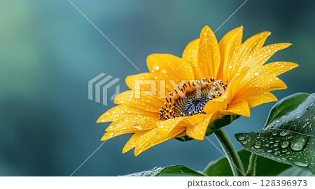 Vibrant Yellow Sunflower with Water Droplets Against a Soft Blurred Background Vibrant Yellow Sunflower with Water Droplets Against a Soft Blurred Background 128396973