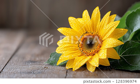Vibrant Yellow Sunflower with Dew Drops on Leaves Against Wooden Background Vibrant Yellow Sunflower with Dew Drops on Leaves Against Wooden Background 128396974