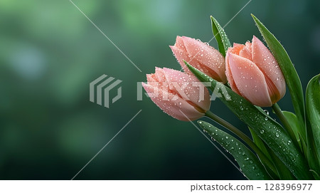 Fresh Pink Tulips with Water Droplets on Green Background for Nature and Floral Themes 128396977