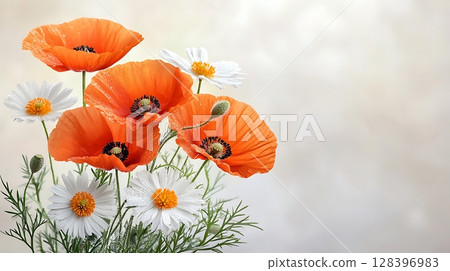 Vibrant Orange Poppies and White Daisies in Bloom Against Soft Background 128396983