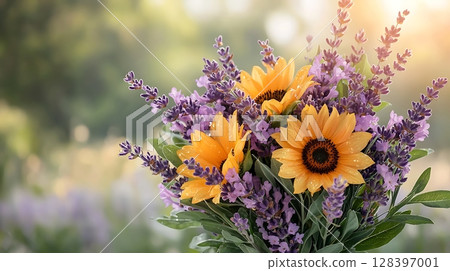 Vibrant Sunflowers and Lavender Bouquet in Bright Natural Landscape Vibrant Sunflowers and Lavender Bouquet in Bright Natural Landscape 128397001