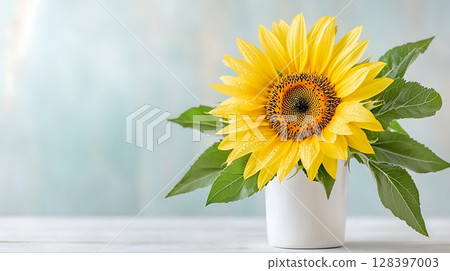 Bright and Cheerful Sunflower in White Pot with Lush Green Leaves on Soft Pastel Background 128397003