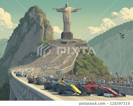 Formula Cars Race Past Iconic Christ Statue Massive Crowd Cheers 128397319