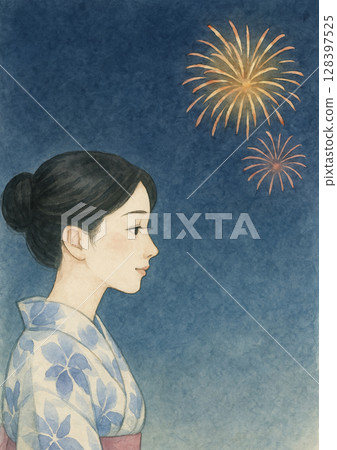 身穿浴衣的女性側面像與煙火（水彩 A4 垂直傳單、橫幅） 128397525