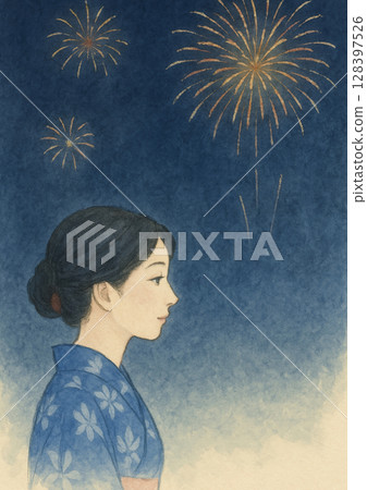 Profile of a woman in a yukata and fireworks 2 (A4 vertical flyer, banner) 128397526