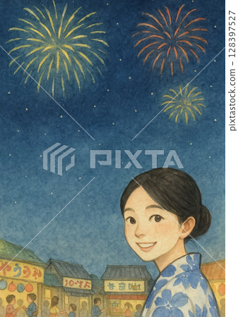 A girl in a yukata enjoying the fireworks festival and night market (A4 vertical flyer, banner) A girl in a yukata enjoying the fireworks festival and night market (A4 vertical flyer, banner) 128397527