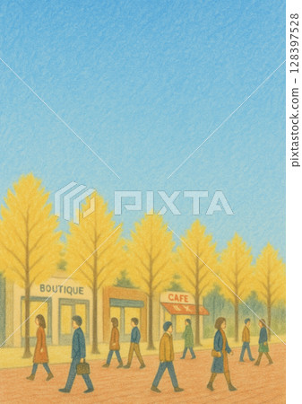 銀杏樹街景（蠟筆畫、A4 直式傳單、橫幅、影印空間） 128397528