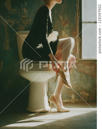 Elegant Woman in Black Dress Puts on Heels in a Sunlit Bathroom Elegant Woman in Black Dress Puts on Heels in a Sunlit Bathroom 128397602