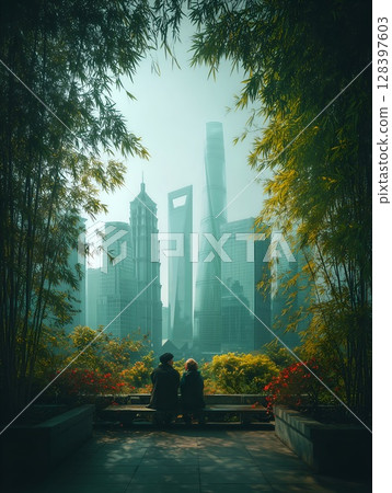 Shanghai Skyline A Serene Moment for a Couple Amidst Modern Architecture and Lush Greenery 128397603
