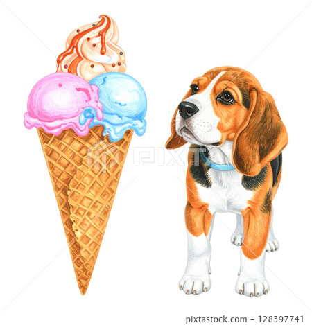 冰淇淋和小獵犬小狗的水彩插圖2/傳單和海報材料 128397741