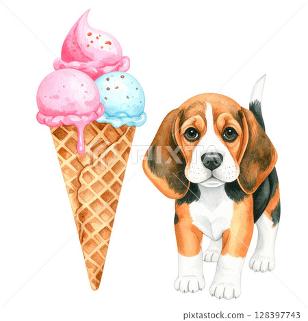 冰淇淋和小獵犬小狗的水彩插圖 4 / 傳單和海報材料 冰淇淋和小獵犬小狗的水彩插圖 4 / 傳單和海報材料 128397743