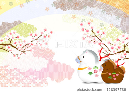 馬新年賀卡櫻花背景 馬新年賀卡櫻花背景 128397786