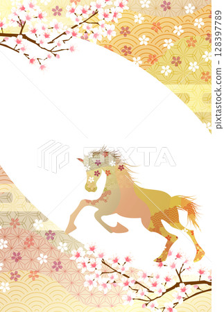 馬新年賀卡櫻花背景 128397789